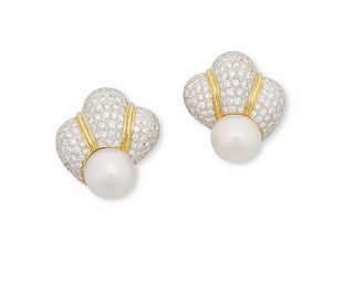 A pair of mabe pearl and diamond ear clips