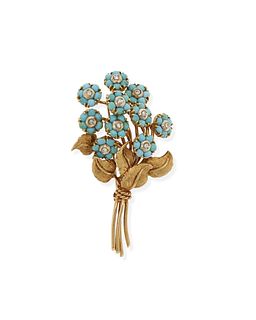 A turquoise and diamond flower brooch