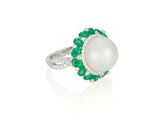 A South Sea cultured pearl, emerald and diamond ring
