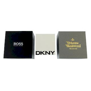 A selection of watch boxes, including examples by Vivienne Westwood, Hugo Boss, DKNY etc.  <br><br>D