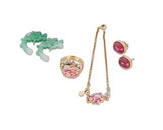 A group of pink tourmaline and enamel jewelry