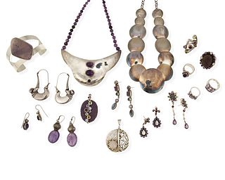 A group of silver and amethyst jewelry