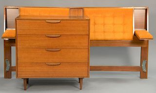 Harvey Probber four drawer chest and tufted orange velvet bed with arm rest. chest: ht. 36 1/2 in.; wd. 36 in.; dp. 18 in.