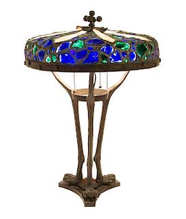 An Austrian Jeweled and Cast Metal Lamp, Height overall 23 x diameter of shade 16 1/4 inches.