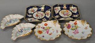 Three pairs of bowls including pair of square hand painted bowls, pair of hand painted dishes with berries, and pair of shell dishes...