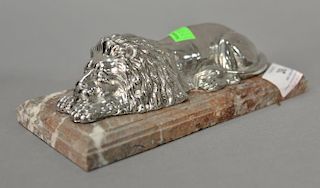 Silver crouching lion on marble base. ht. 2 1/4 in.; lg. 7 3/4 in.
