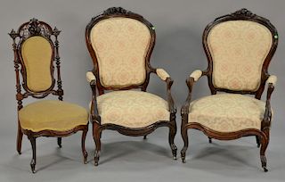 Pair of Rosewood Victorian gents chairs (one back as is).