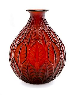 A Rene Lalique Molded and Frosted Glass Vase, Height 9 3/8 inches.