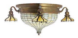 A Handel Leaded Glass and Brass Ceiling Mount Fixture, Diameter overall 36 inches.