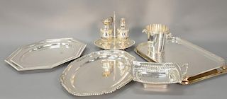 Group of silverplate to include five large trays, open handled server, ice bucket, and a castor set.
