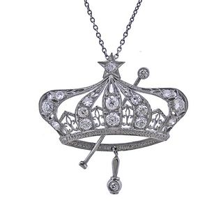 Art Deco 14k Gold Diamond Crown Pendant Necklace