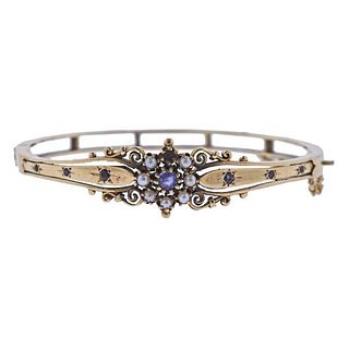 Antique 14k Gold Pearl Sapphire Bangle Bracelet