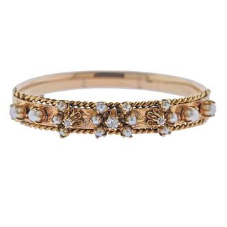 Antique 14k Gold Diamond Pearl Bangle Bracelet