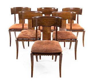 A Set of Ten Walnut Klismos Chairs, in the Style of T.H. Robsjohn-Gibbings, Height 35 3/4 inches.