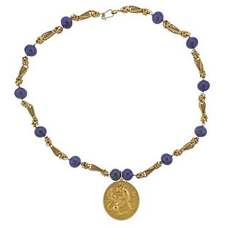 18k Gold Lapis Medallion Pendant Necklace
