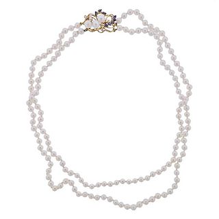 Vintage 14k Gold Pearl Diamond Sapphire Necklace