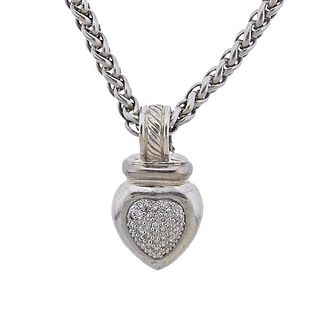 David Yurman Silver Diamond Heart Pendant Necklace