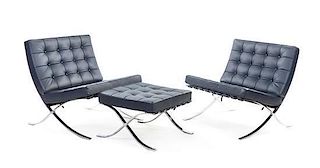 A Pair of Palazetti Chromed Chairs and Ottoman, after Mies van der Rohe, Height of chair 30 1/2 inches.