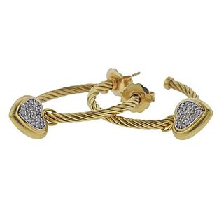 David Yurman 18k Gold Cable Hoop Diamond Heart Earrings