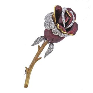 18k Gold Diamond Enamel Rose Flower Brooch 