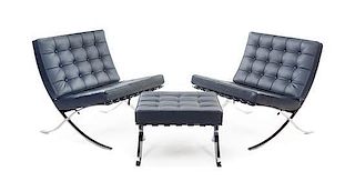 A Pair of Palazetti Chromed Chairs and Ottoman, after Mies van der Rohe, Height of chair 30 1/2 inches.