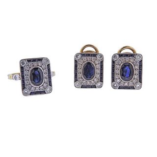 Continental 18k Gold Diamond Sapphire Earrings Ring Set
