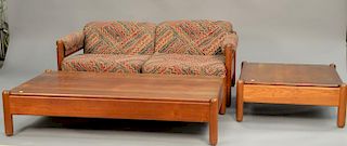 Danish Modern sofa (lg. 60 in.), coffee table (top: 28 1/2" x 56"), and pair of end tables (top: 28 1/2" x 28 1/2").