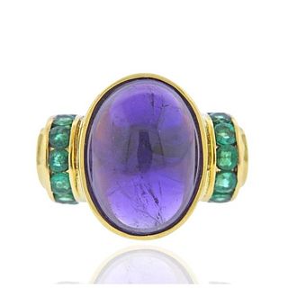 Lagos 18K Gold Cabochon Amethyst Emerald Ring