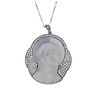 Art Deco Gold Platinum Diamond MOP St. Mary Pendant Necklace
