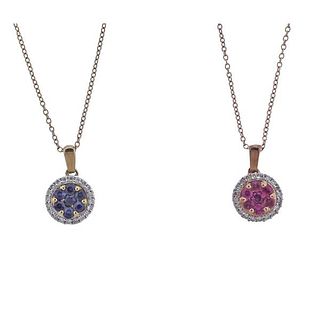 Kallati Diamond Ruby Sapphire Gold Pendant Necklace Lot of 2