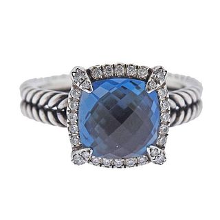 David Yurman Chatelaine Silver Hampton Blue Topaz Diamond Ring