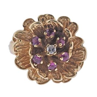 Vintage 14k Gold Diamond Ruby Flower Ring
