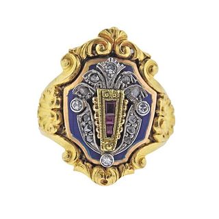 Antique 18k Gold Diamond Ruby Enamel Ring