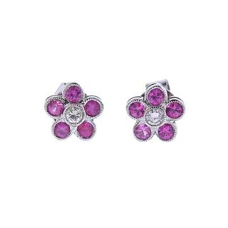 14k 18k Gold Diamond Ruby Flower Stud Earrings