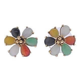 14k Gold Multicolor Jade Flower Earrings