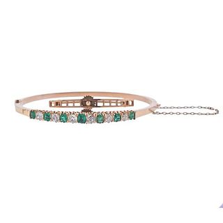 18K Gold Diamond Emerald Bangle Bracelet Brooch 