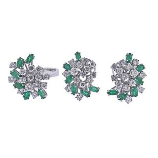 18k Gold Diamond Emerald Cluster Ring Earrings Set
