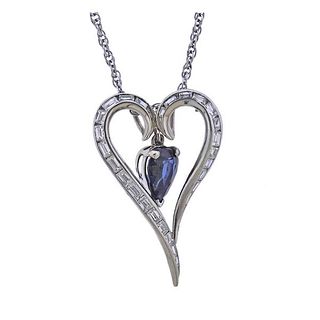 14k Gold Diamond Sapphire Heart Pendant Necklace