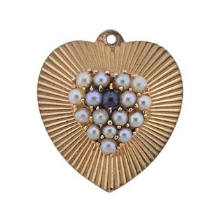 Retro 14k Gold Pearl Sapphire Heart Charm Pendant