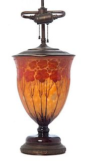 A Le Verre Francais Cameo Glass Lamp Base, Height of glass 11 1/2 inches.