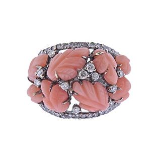18k Gold Diamond Carved Coral Ring