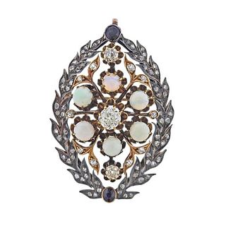Antique 14k Gold Silver Diamond Opal Brooch Pendant