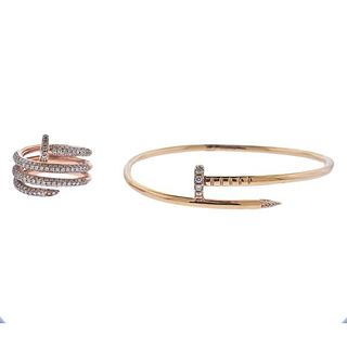 18k Rose Gold Diamond Nail Bracelet Ring Lot 