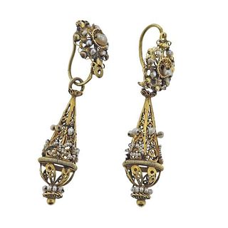 Antique Iberian 14k Gold Pearl Drop Earrings