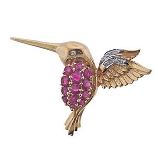 14k Gold Diamond Ruby Hummingbird Brooch Pendant
