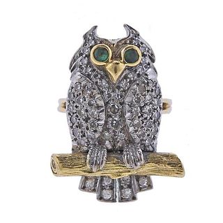 English 18k Gold Diamond  Emerald Owl Ring