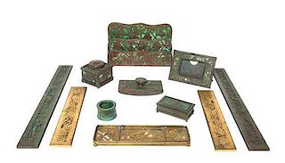 * An Assembled Tiffany Studios Eleven-Piece Desk Set, Width of first 10 inches.