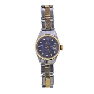 Rolex Datejust 18k Gold Steel Diamond Blue Dial Watch 6516