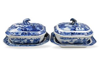 Pair of Small Chinese Blue & White Tureen, 19th C.