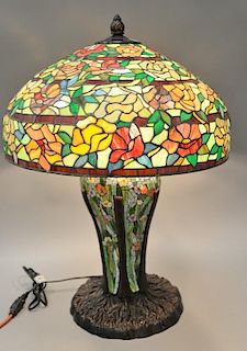 Reproduction leaded table lamp with lighted base. ht. 32 in.; dia. 23 1/2 in.